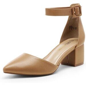 Dream Pairs Women's Nude/Pu Pointed Toe Closed Toe Low Block Ankle Strap Heels